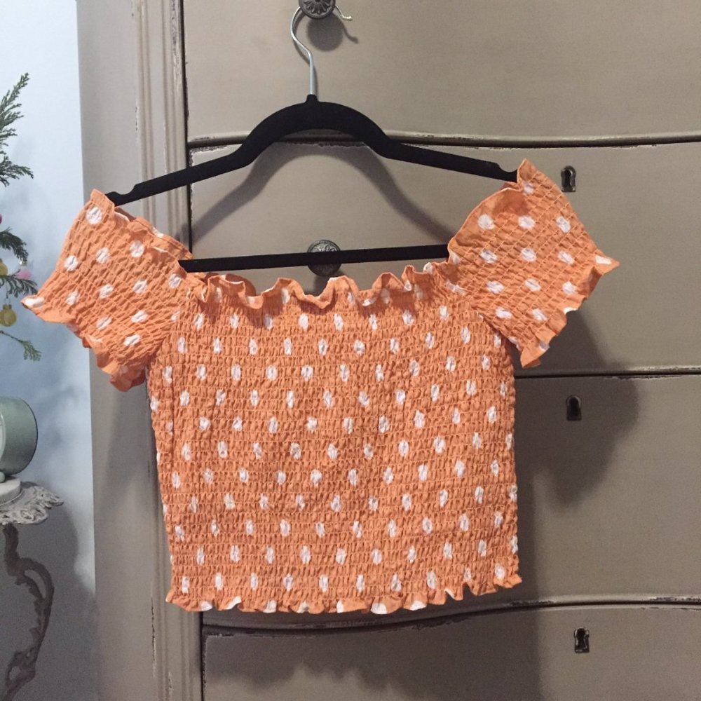 ✨NWT ASOS Glamorous Dusty Peach Polka Dot Crop Top Off-the-shoulder Petite UK6✨